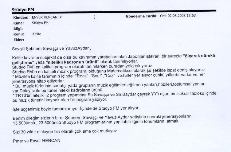 STUDYO FM 3500. Program'a Gelen Kutlama İletileri